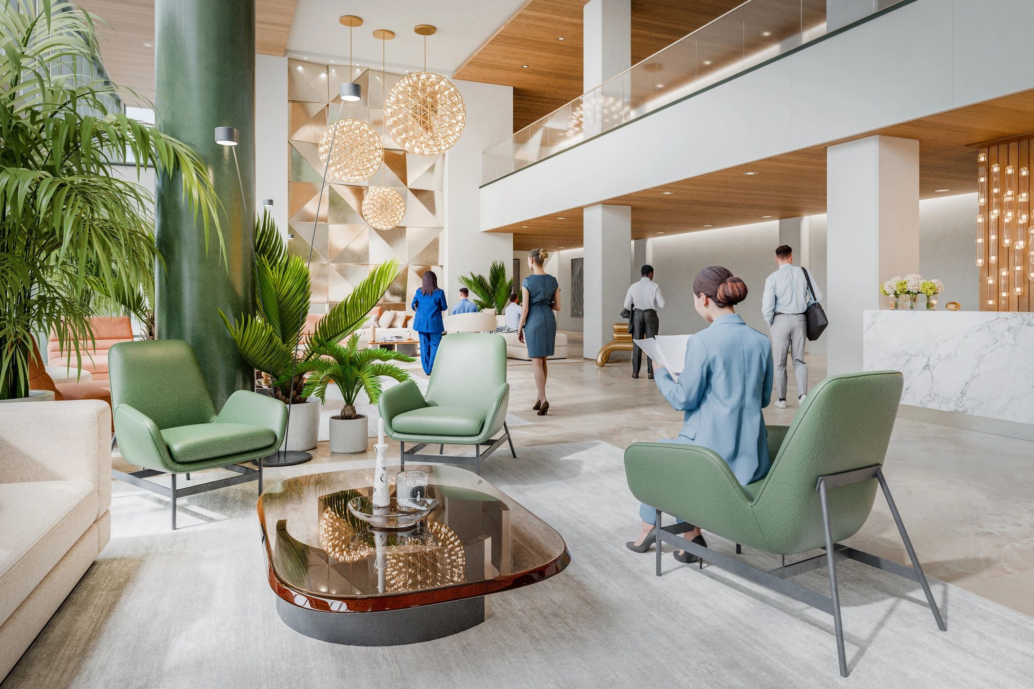 Luxurious resort lobby with elegant de9cor and mountain views